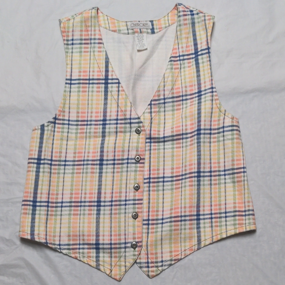 Vintage 90s Pastel Plaid Cottagecore Button Up Vest Festival Spring Sz M